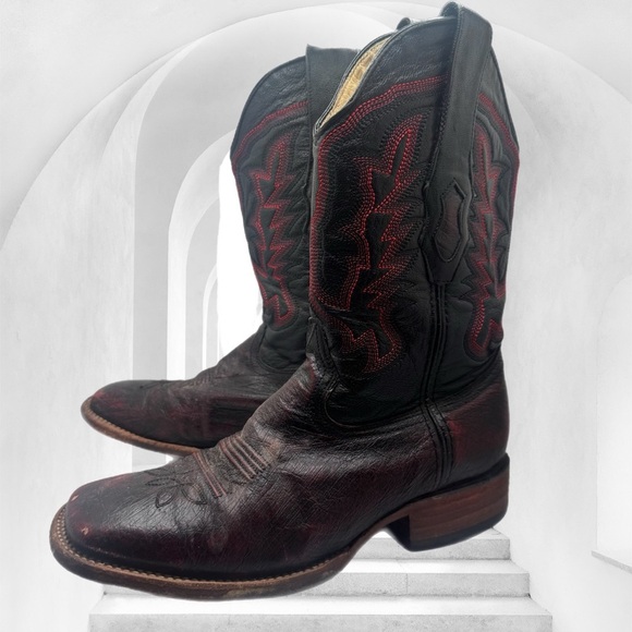 LOS ALTOS genuine ostrich belly Boots Wide Square Rodeo Toe Red Black men’s 8 EE - Picture 9 of 10